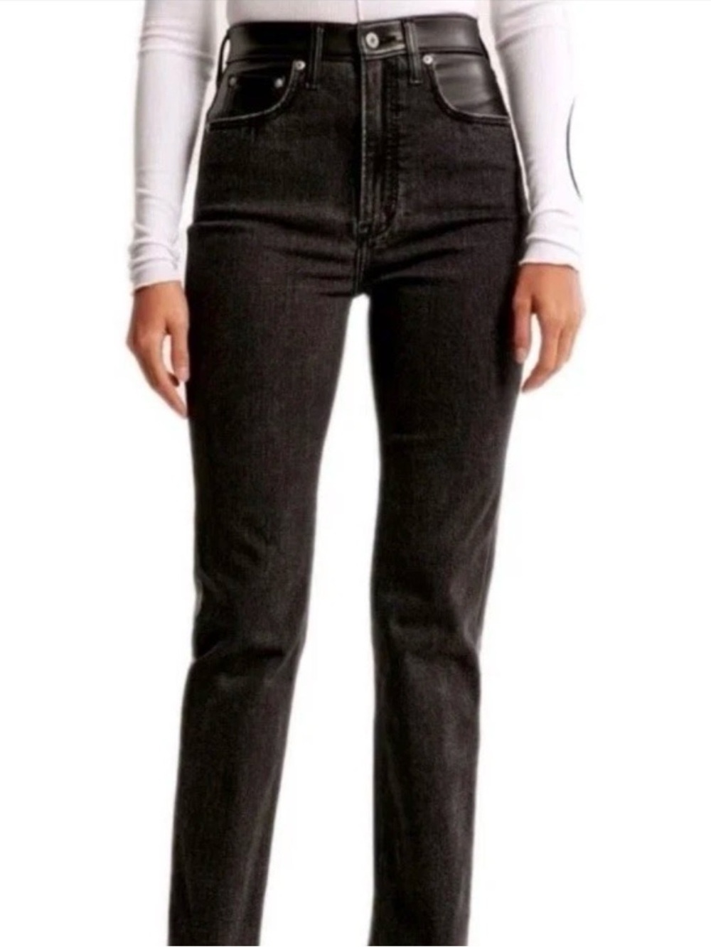 A&F Curve Love Ankle Straight Ultra High Rise Black Faux Leather Jeans Size 24